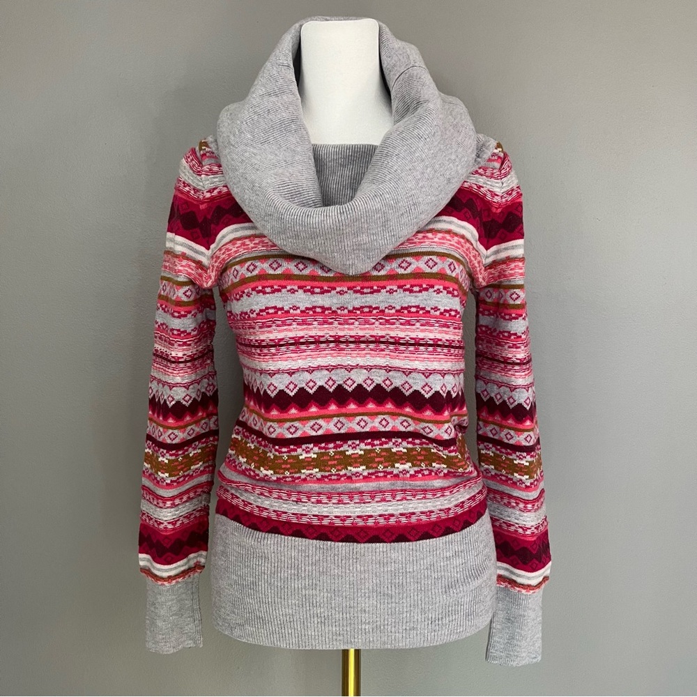 ATHLETA SHASTA Fair Isle Pink Multicolor Turtleneck Cowl Neck Sweater Size Small